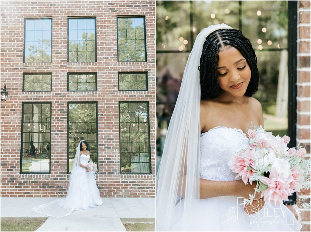 Dream Point Ranch Riverbend Chapel Wedding Bride in front of Windows